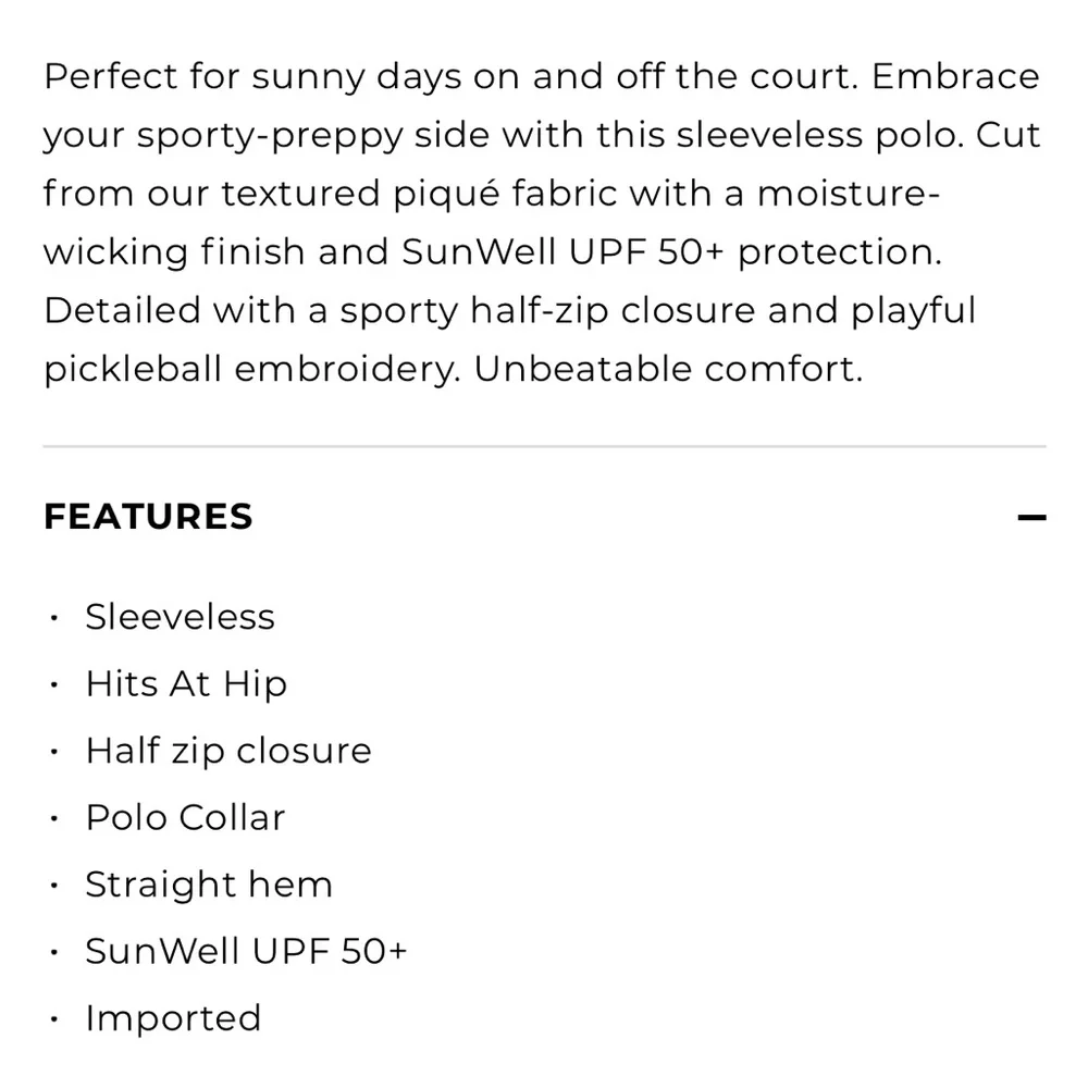 NWT T by Talbots UPF 50+ Pickleball Sleeveless Polo Zipper Top - White - XL - Picture 3 of 10